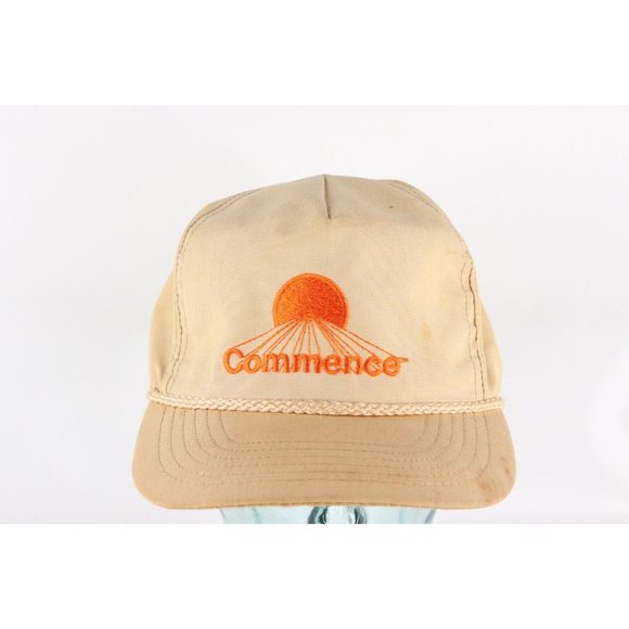 Vintage 80s Commence Company Sunset Spell Out Roped Snapback Hat Cap Tan USA - Picture 1 of 9